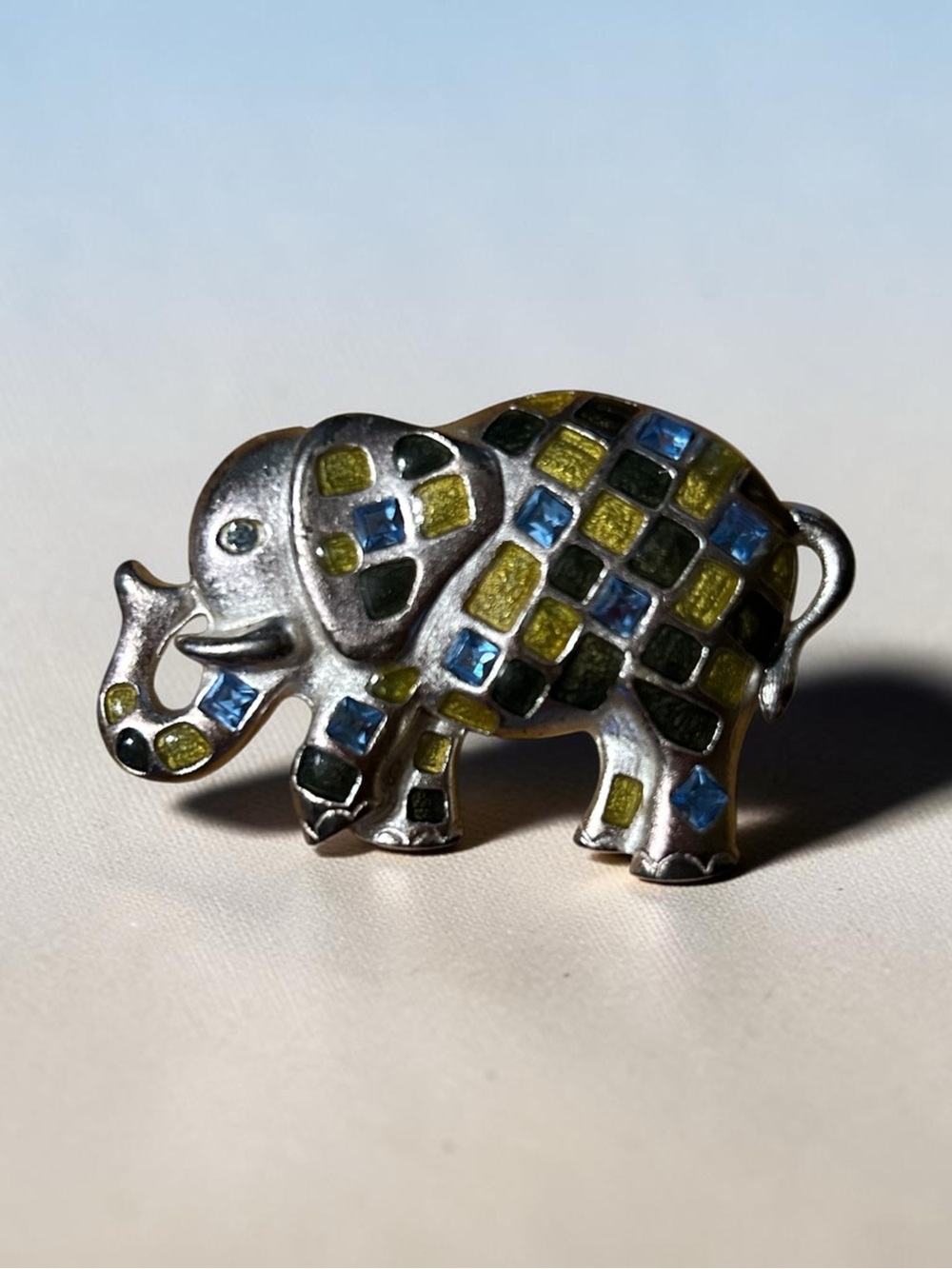 Silver Tone Elephant Brooch Pin Green Yellow Enamel Blue Rhinestones 2”